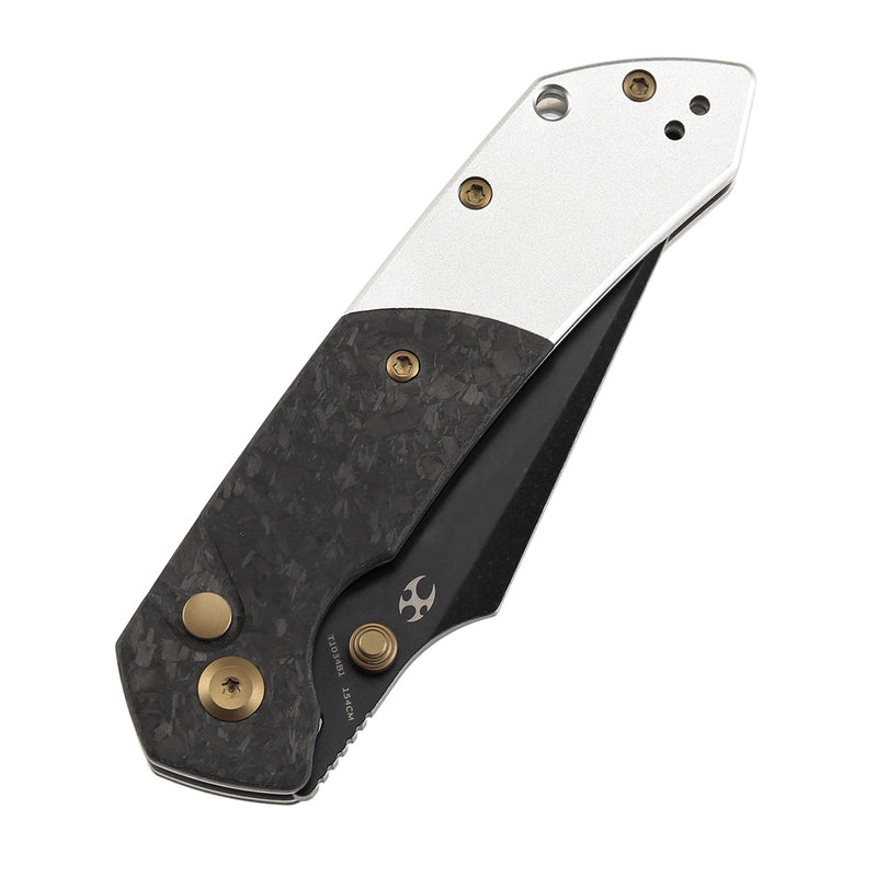 KANSEPT Fenrir Button Lock Shred Carbon Fiber with Stonewashed Aluminum Handle (3.45'' Blackwash 154CM Blade) Sparrow Knife Designed- T1034B1