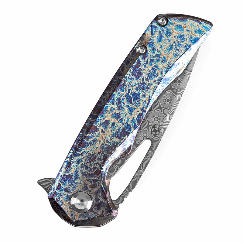 KANSEPT Mini Kryo Thumb Hole Titanium with Lightning Strike Finish Handle (2.9" Damascus Blade) Kim Ning Design-K2001S2