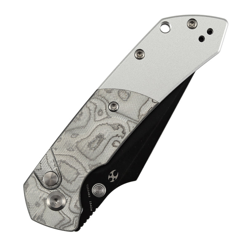 KANSEPT Fenrir Button Lock G-10 with Aluminum Foil Handle (3.45'' Blackwash 154CM Blade) Sparrow Knife Designed- T1034B3