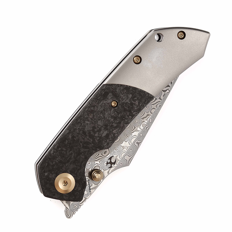 Fenrir K1034B1 Damascus Blade Beadblasted Titanium+ Shred Carbon Fiber Handle with Sparrow knife Co Design