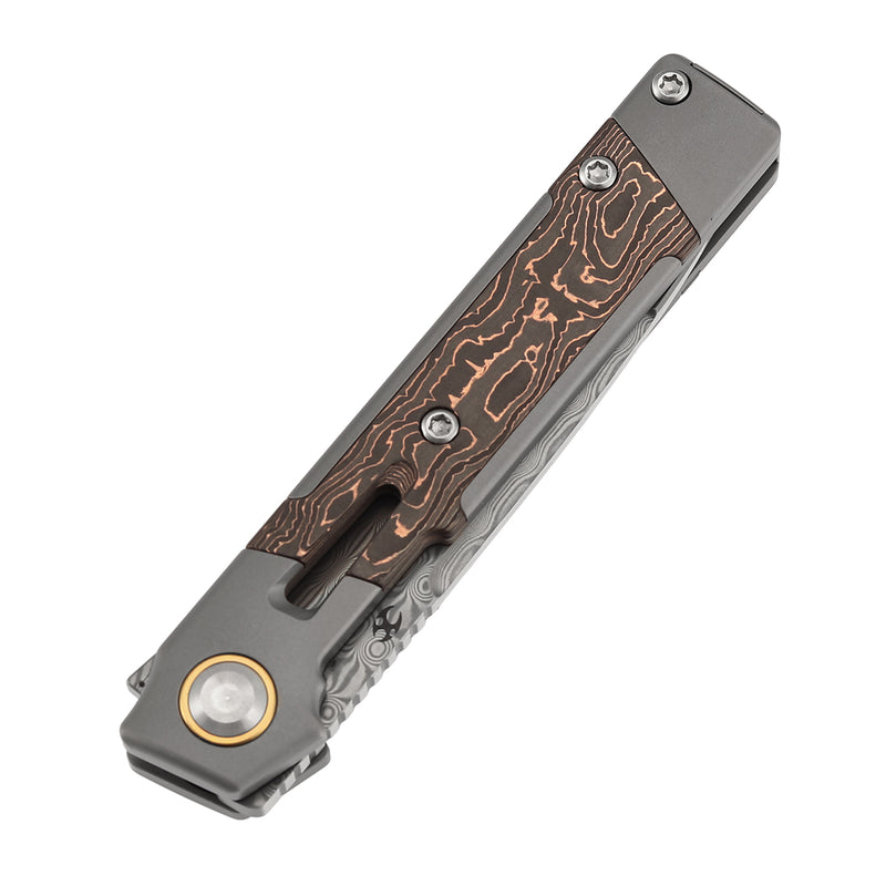 KANSEPT Kitpu Flipper Stonewashed Titanium with Copper Carbon Fiber (2.9" Damascus) Jonathan Styles Design- K2123A5