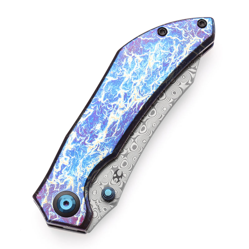 KANSEPT Tipper Thumb Stub Knife Titanium with Lightning Strike Finish Handle(3.38'' Damascus Blade)Edgy Bladeworks Design-K1079A3