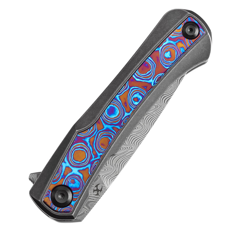 KANSEPT Kratos Flipper Knife Titanium Handle + Timascus Inlay Handle (3.79‘'DamascusBlade)Ostap Hel Design-K1024A10