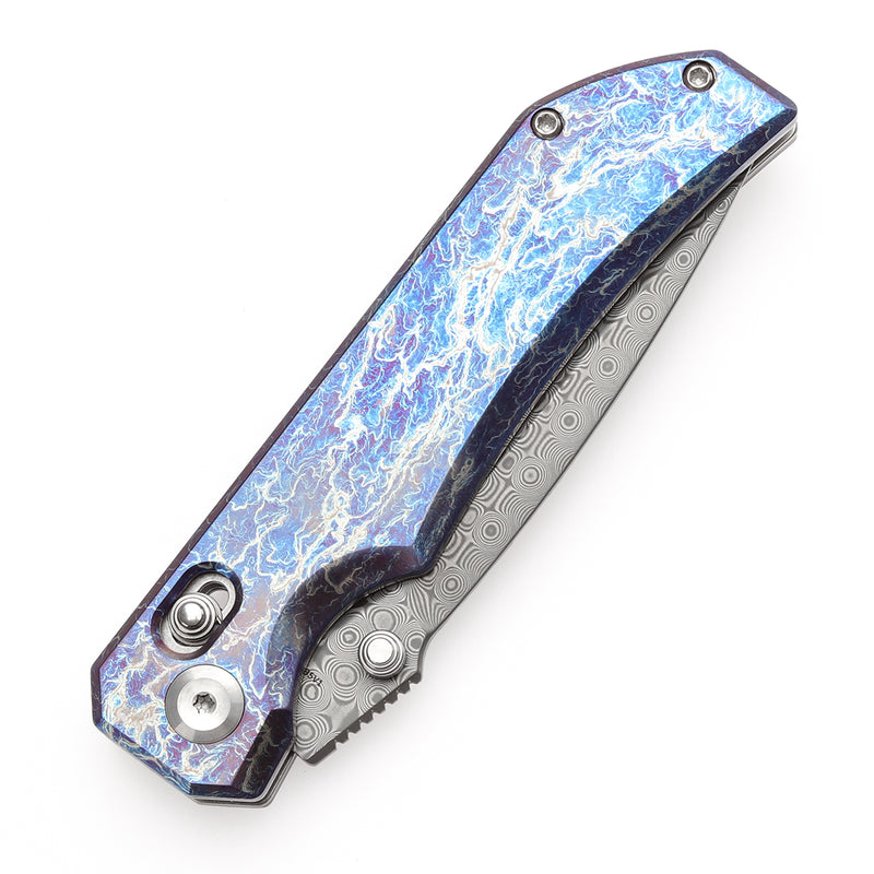 KANSEPT Eaglestrike Crossbar Lock Knife Titanium with Lightning Strike Finish Handle(3.73'' Damascus Blade) James Lowe Design-K1095V1