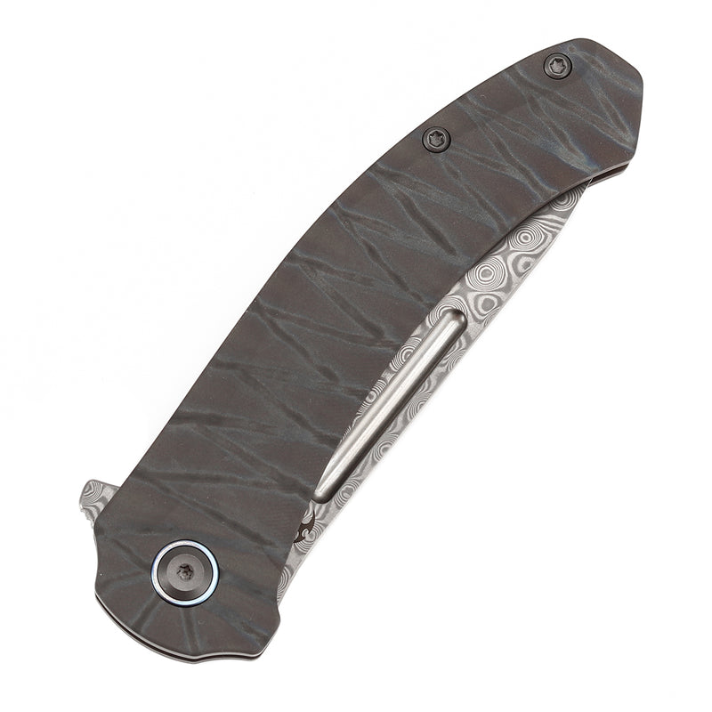 KANSEPT Hira Flipper Tiger Stripe Flamed Titanium Handle (3.46" Damascus Blade) with Marco Knives Design-K1090A5