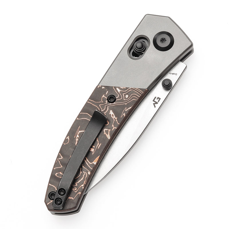 KANSEPT Dako Cross Bar Lock Stonewashed Titanium with Copper Carbon Fiber Handle (3.19" CPM S35VN Blade) with Eddy M Design-K1101V2