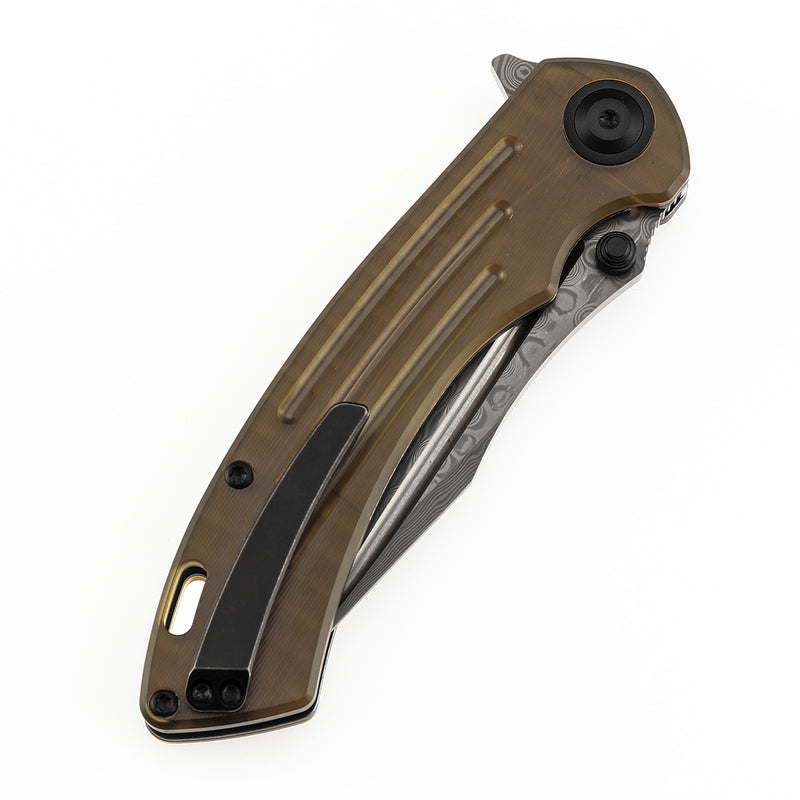 KANSEPT Pretatout Thumb Stub Flipper Amber PEI/Ultem Handle (3.56“ Damascus Blade) with Kmaxrom Design-K1032D4