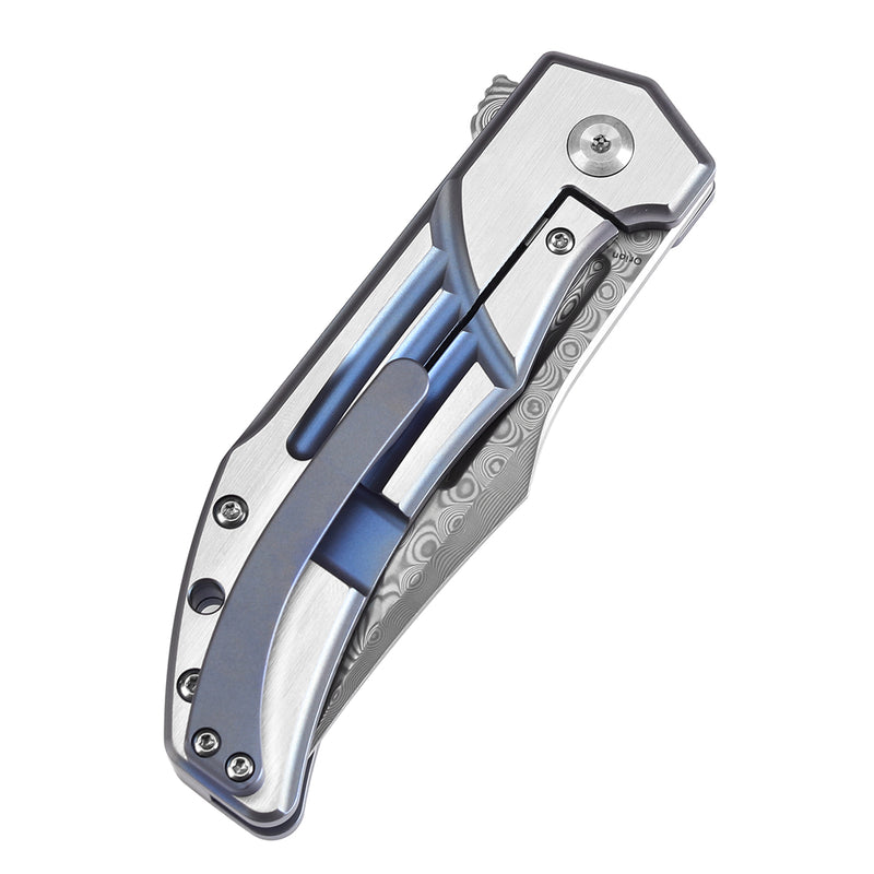 KANSEPT Orion Limited-version Flipper Blue Anodized and Machine Satin Titanium Handle (3.07''Damascus Blade) JB Stout Design -K1089B2
