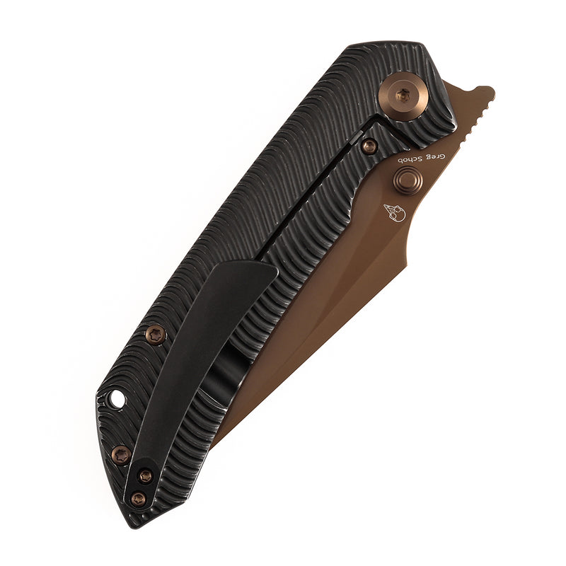 【Preorder】Ship by Dec.20th-KANSEPT Fenrir Frame Lock Blackwash Titanium with Micro Milled Water Ripple Texture Handle (3.48'' Rose Gold CPM S35VN Blade) Sparrow Knife Designed- K1034C3