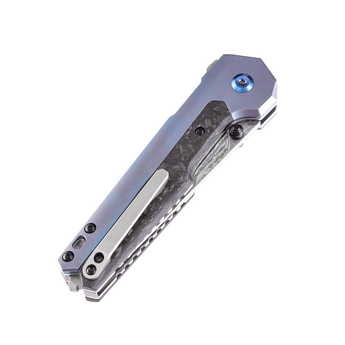 EDC Tac K2009A4 Button Lock Front Flipper Damascus Blade Shred Carbon Fiber and Blue Anodized Titanium Handle