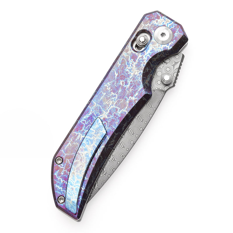 KANSEPT Eaglestrike Crossbar Lock Knife Titanium with Lightning Strike Finish Handle(3.73'' Damascus Blade) James Lowe Design-K1095V1