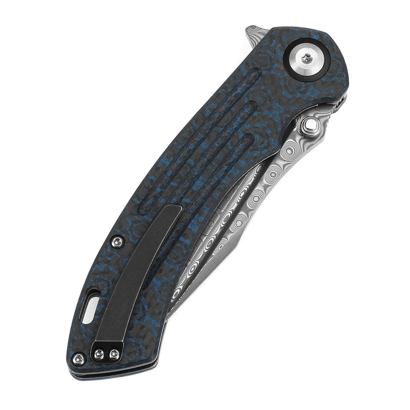 KANSEPT Pretatout Thumb Stub Flipper Blue Rose Pattern Carbon Fiber Handle (3.56“ Damascus Blade) with Kmaxrom Design-K1032A4