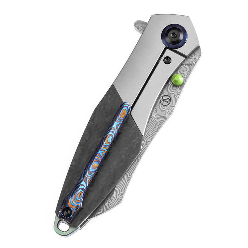 KANSEPT Thumb Stub Mistaken Beadblasted Titanium and Twill Carbon Fiber  (3.15" Damascus) Jonathan Styles Design- K1053D1