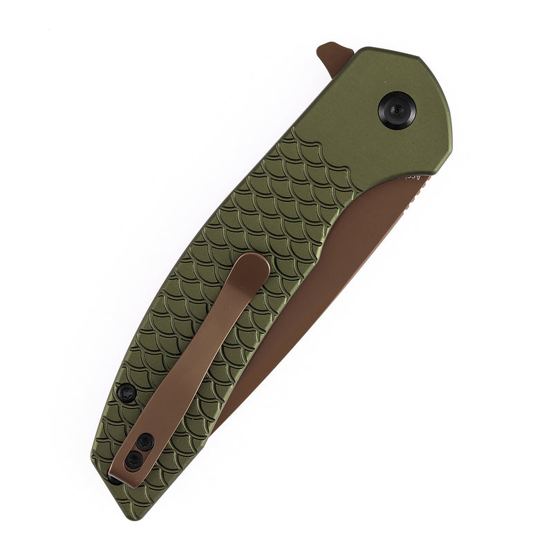 Kansept Accipiter | Button Lock | Green Anodized Aluminum with Fish Scale Texture | 3.53" Rose Gold 14C28N Blade | T1007F5