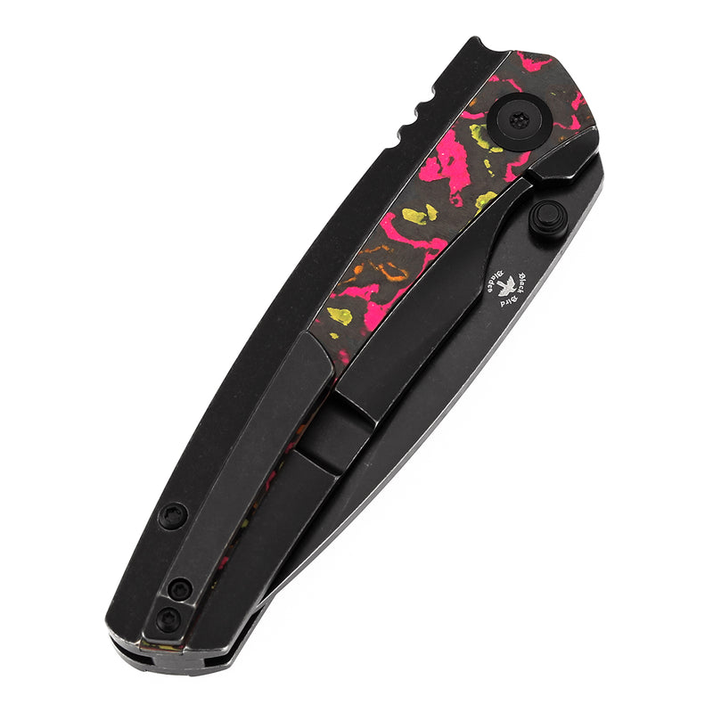 KANSEPT Thumb Stub Raven Blackwash Titanium wtih Flo Party Camocarbon Handle (3.13" CPM 20CV Blade) with Black Bird Blades Design-K2109A6