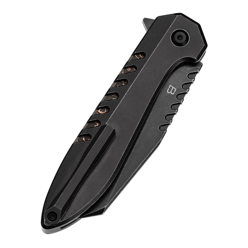 KANSEPT Kosame Button Lock Blackwash Titanium with Copper Carbon Fiber Inlay (3.37" 154CM Blade) with EI Spade Design-T1093F3