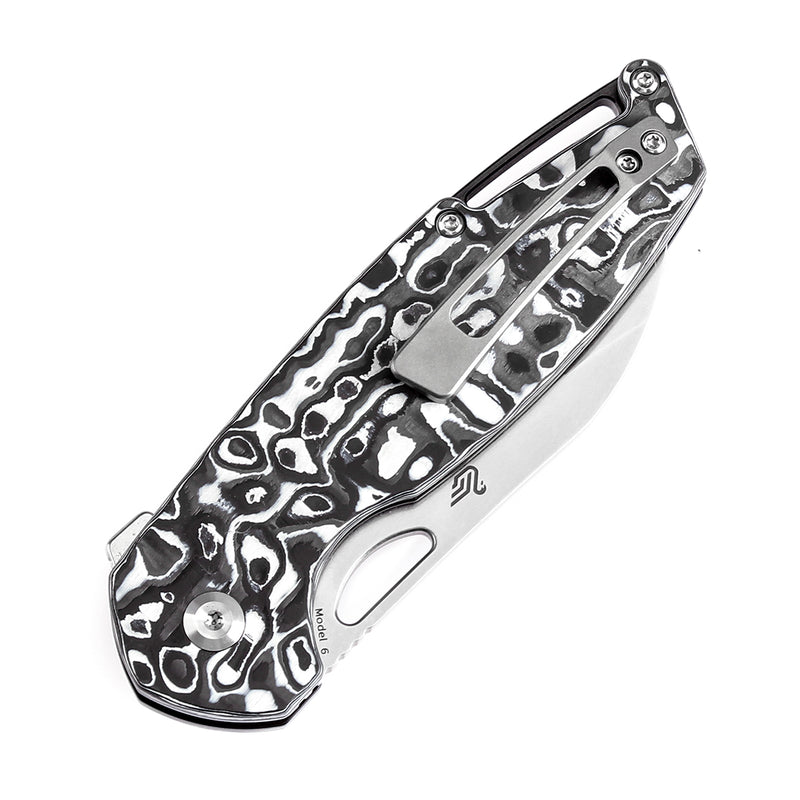 KANSEPT Model 6 Left-handed Flipper/Thumb Hole Knife Black White Carbon Fiber Handle (3.1'' CPM 20CV Blade) -K1022L2