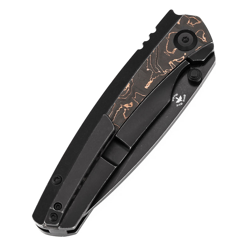 KANSEPT Thumb Stub RavenBlackwash Titanium wtih Copper Carbon Fiber Handle (3.13" CPM 20CV Blade) with Black Bird Blades Design-K2109A3