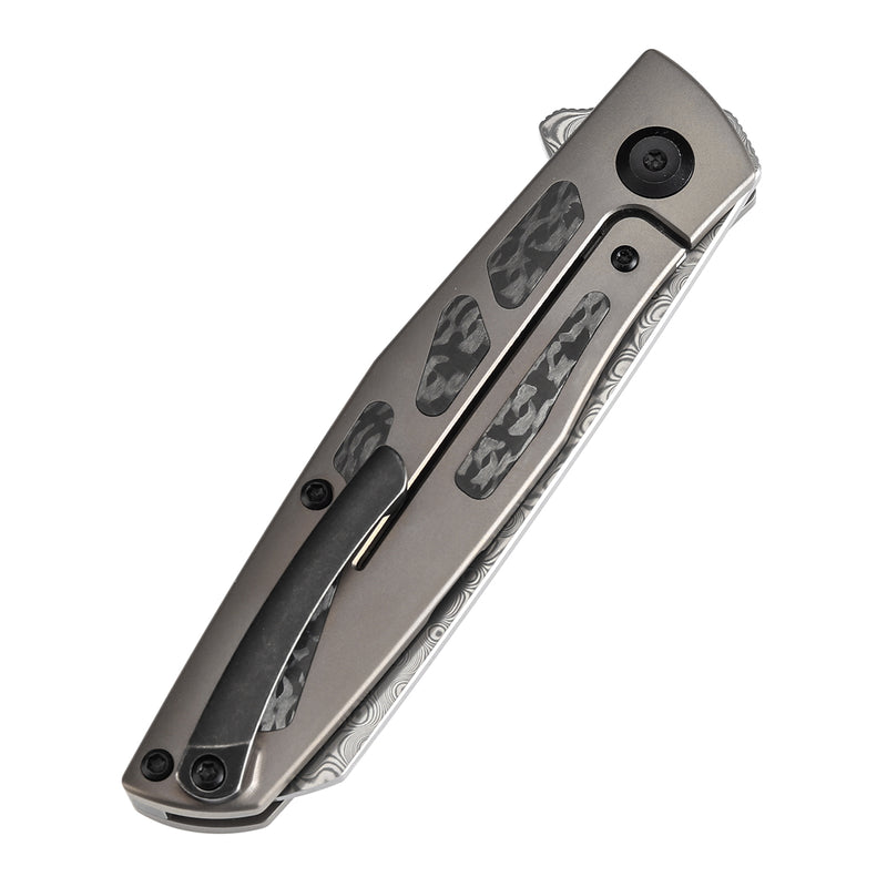 KANSEPT Cru Flipper Knife Bronze Anodized Titanium & Twill Carbon Fiber Handle(3.46''Damascus Blade) Villella Knives Design-K1092A4