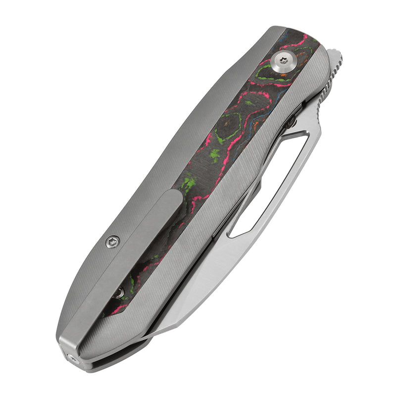KANSEPT Thunderhead Thumb Hole Stonewashed Titanium with 80S Camo Carbon Fiber Inlay Handle (3.58" CPM S35VN Blade) with K.C. Spiron Design-K1106A4