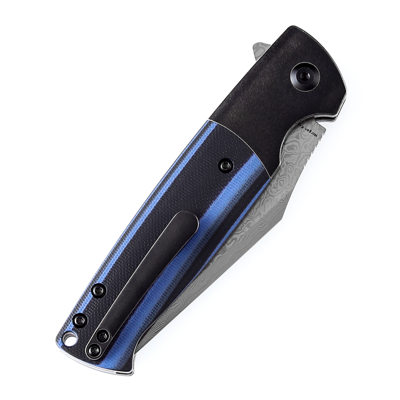 Shikari SBL  Button Lock K2027D2 Damascus Blade Black Stonewashed Titanium +Blue Black G10 Handle with Morgan Koens Dessign