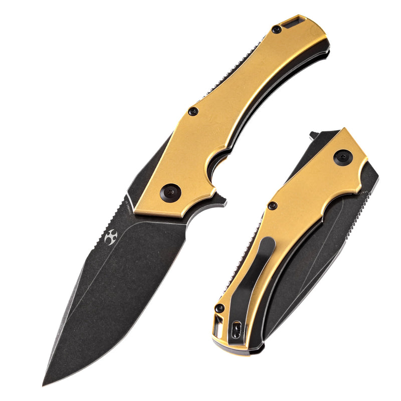 KANSEPT Hellx Thumb Hole Knife Brass Anodized Stainless Steel Handle (3.60"D2 Blade) Mikkel Willumsen Design-T1008B2