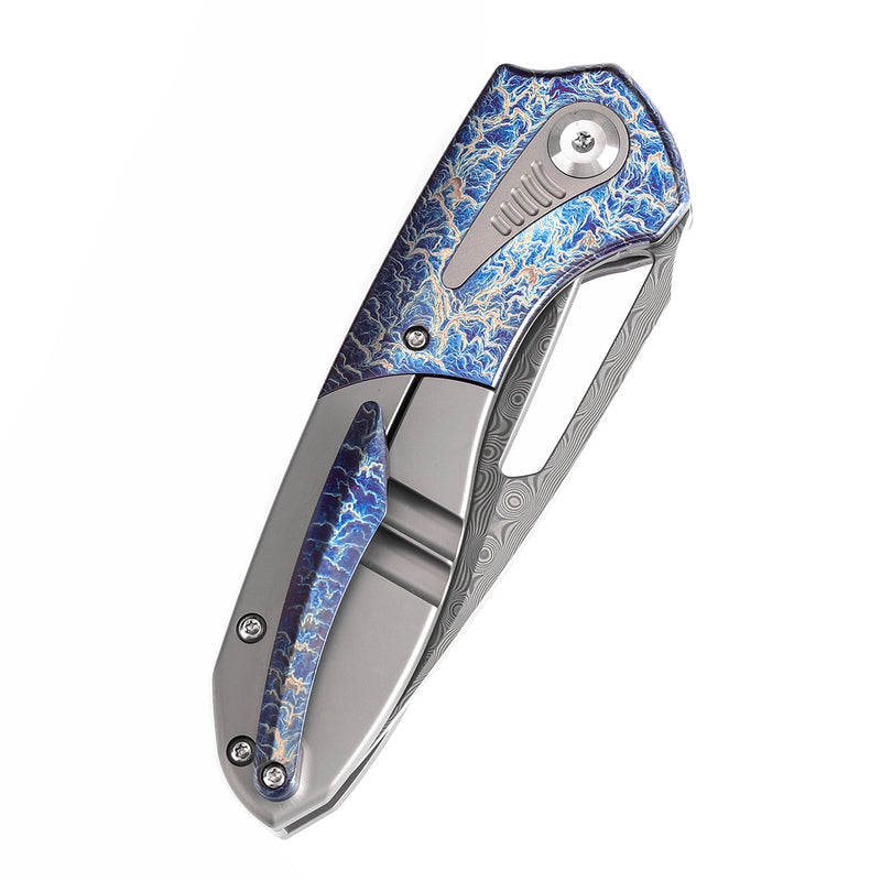 KANSEPT Thoth Thumb Hole Knife Bead Blasted Titanium and Lightning Strike Finished Titanium InlayHandle (3.43''Damascus Blade ) Sparrow Knife Co Design -K1075T5