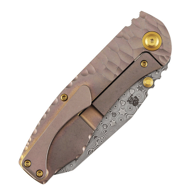 Kansept Caveman | Frame Lock | Rose Gold Anodized and Stonewashed Titanium with CNC-machined Rock Pattern | 3.57" Damascus Blade |  Jesse Pauley Designed | K1110A6