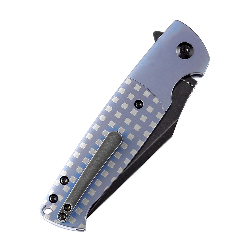 Shikari SBL  Button Lock K2027B2 Black Stonewashed CPM S35VN Blade Blue Anodized Titanium with White Square Pattern Handle with Morgan Koens Dessign