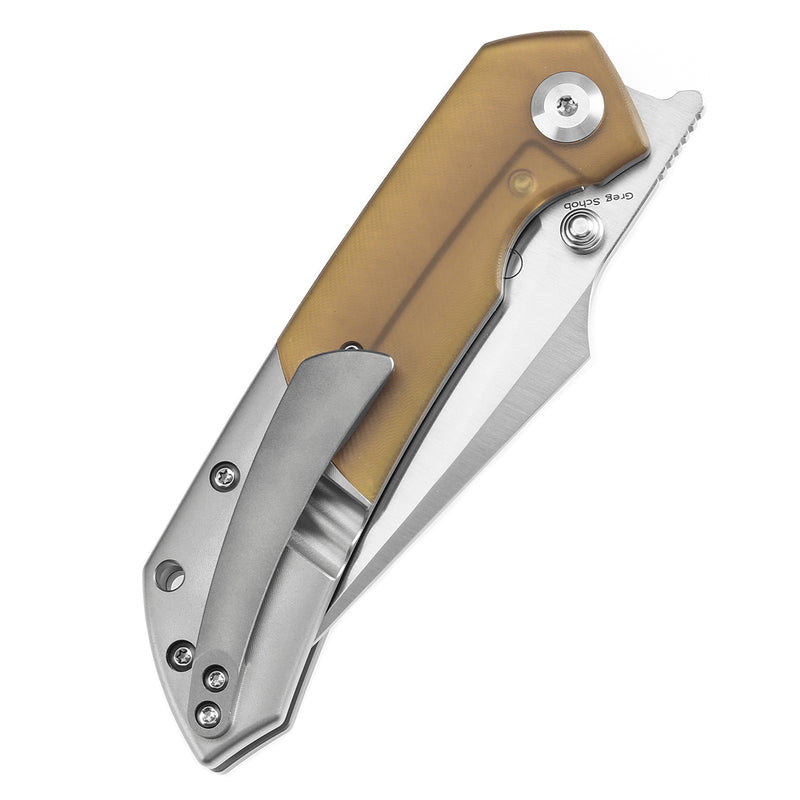 KANSEPT Fenrir Front Flipper/Thumb Stud Knife Plain Titanium + Amber PEI/Ultem Handle (3.48''CPM S35VN Blade) Greg Schob Design -K1034P1