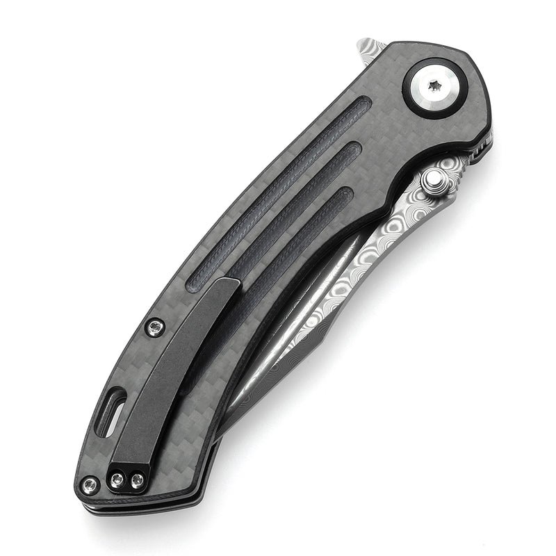 KANSEPT Pretatout Thumb Stub Flipper Carbon Fiber and G10 Handle (3.56“ Damascus Blade) with Kmaxrom Design-K1032D3