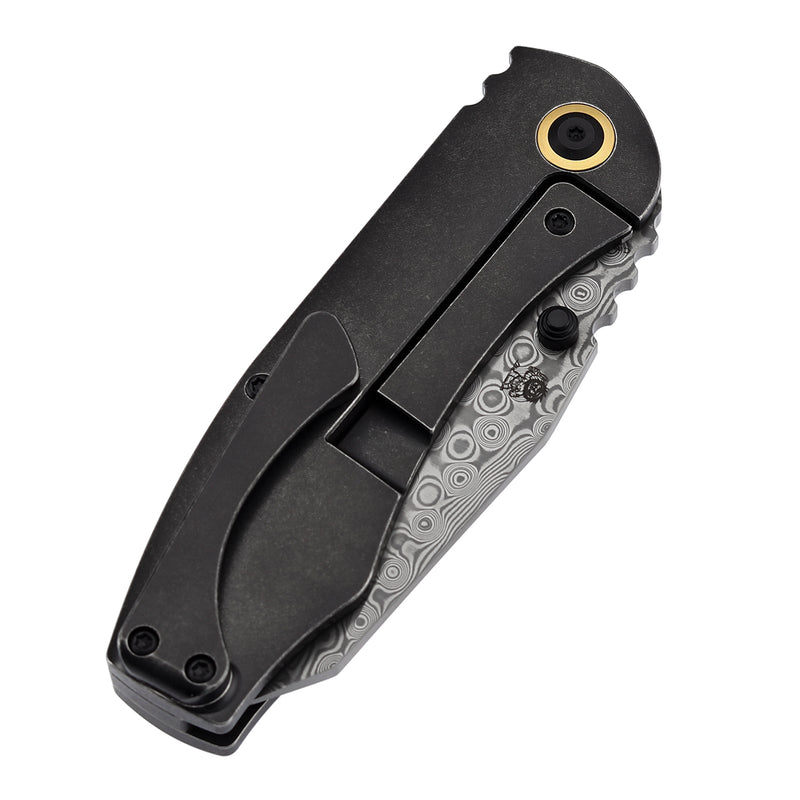 KANSEPT Caveman Thumb Stub Blackwash Titanium wtih 80's CamoCarbon Handle (3.57"Damascus Blade) with Jesse Pauley Design-K1110B3