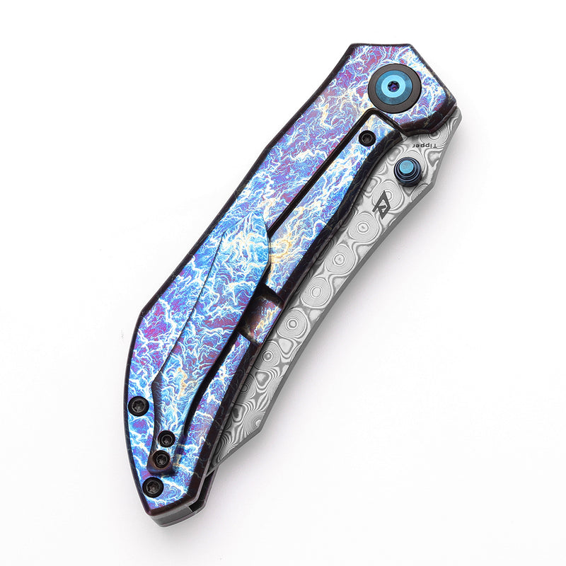KANSEPT Tipper Thumb Stub Knife Titanium with Lightning Strike Finish Handle(3.38'' Damascus Blade)Edgy Bladeworks Design-K1079A3
