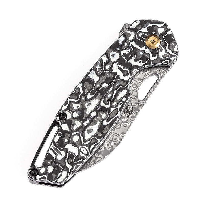KANSEPT Model 6 Left-handed Flipper/Thumb Hole Knife Black White Carbon Fiber Handle (3.1'' Damascus Blade) -K1022L1