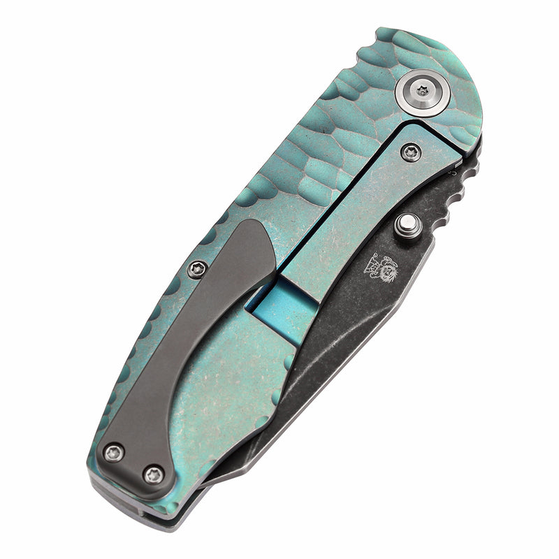 KANSEPT Caveman Thumb Stub Green Anodized and Stonewashed Titanium with CNC-machined Rock Pattern Handle (3.57" CPM 20CV Blade) with Jesse Pauley Design-K1110A3