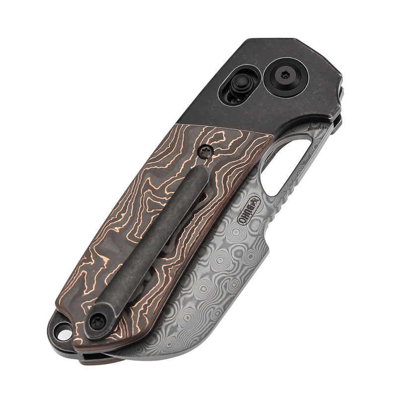 KANSEPT Nahual Crossbar Lock Knife Blackwash Titanium with Copper Carbon Fiber Handle(2.95" Damascus Blade)Javier Garcia Design-K2125V3