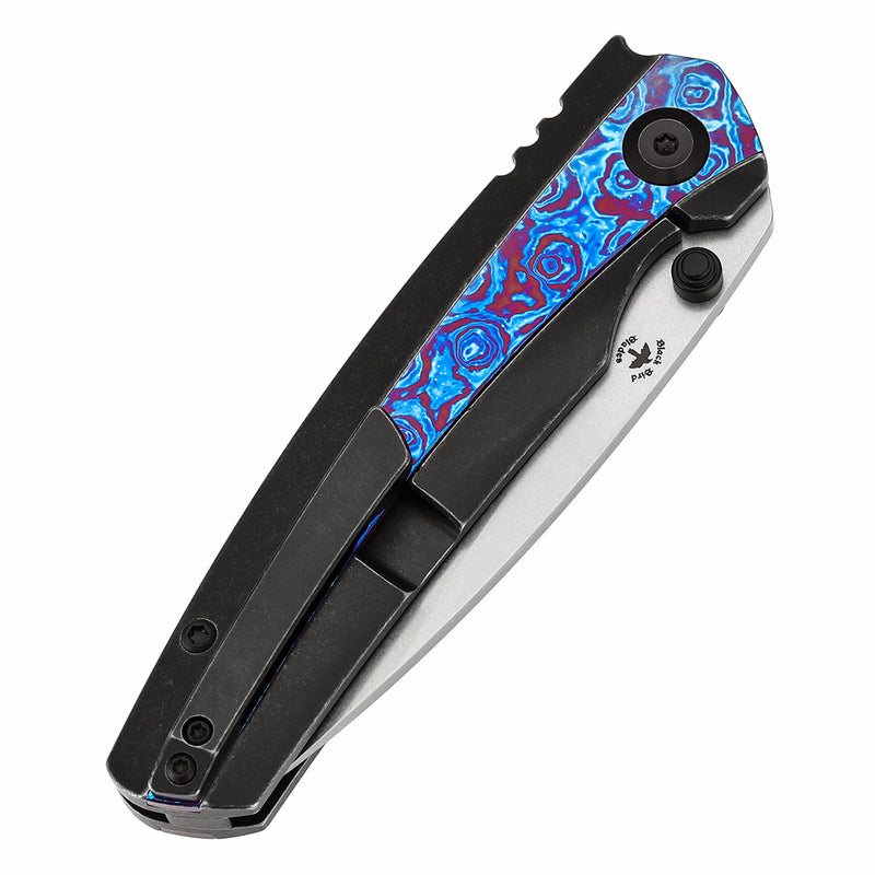 KANSEPT Thumb Stub Raven Blackwash Titanium wtih Timascus Handle (3.13" CPM 20CV Blade) with Black Bird Blades Design-K2109A5