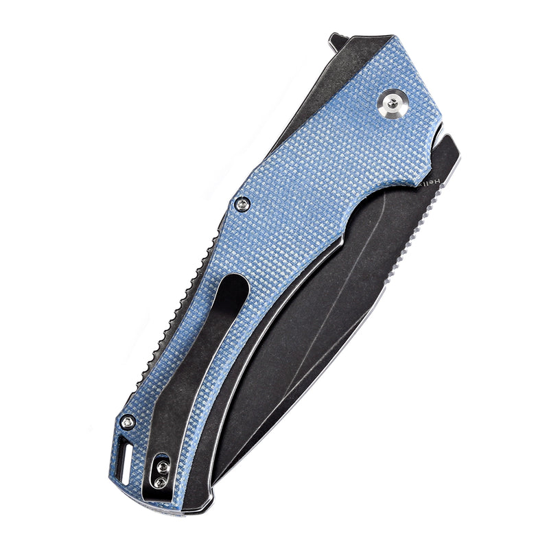 KANSEPT Hellx Button Lock Blue Micarta Handle (3.6''D2 Blade )Mikkel Willumsen Design -T1008F3