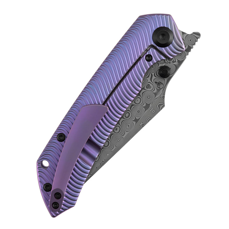 【Preorder】Ship by Dec.20th-KANSEPT Fenrir Frame Lock Purple Anodized Titanium with Micro Milled Water Ripple Texture Handle (3.48'' Damascus Blade) Sparrow Knife Designed- K1034C5