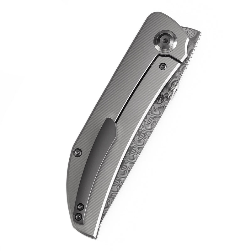 KANSEPT Tarkin Frame Lock Knife Bead Blasted Titanium with Holes Handle (3.36'' Damascus Blade) Matthew Christensen Design - K1078A5