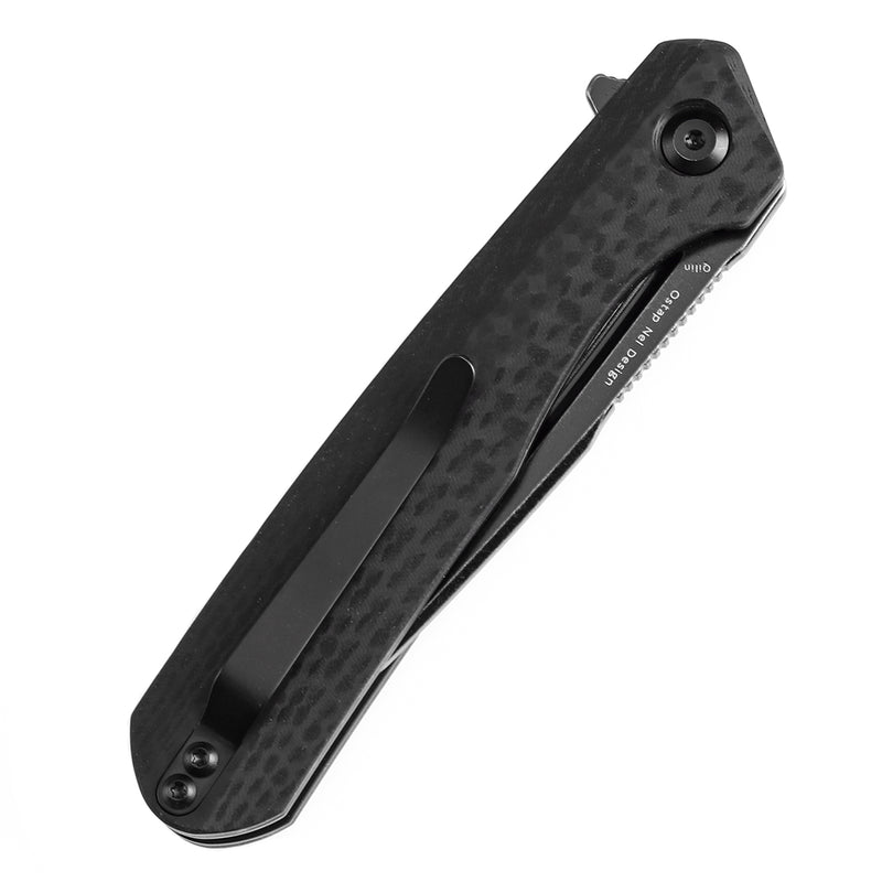 KANSEPT Qilin Flipper Black Carbon Fiber & G10 Handle (3.43''Blackwash 154CM Blade) Ostap Hel Design -T1047T1