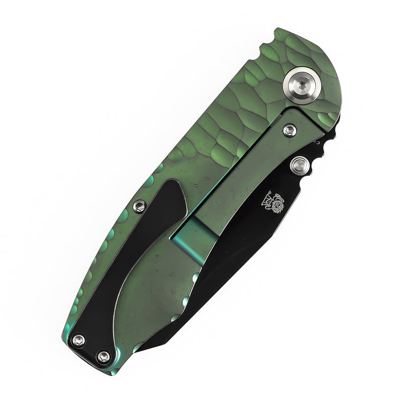 Kansept Caveman | Frame Lock | Green Anodized and Stonewashed Titanium with CNC-machined Rock Pattern | 3.57" CPM 20CV Blade |  Jesse Pauley Designed | K1110A3