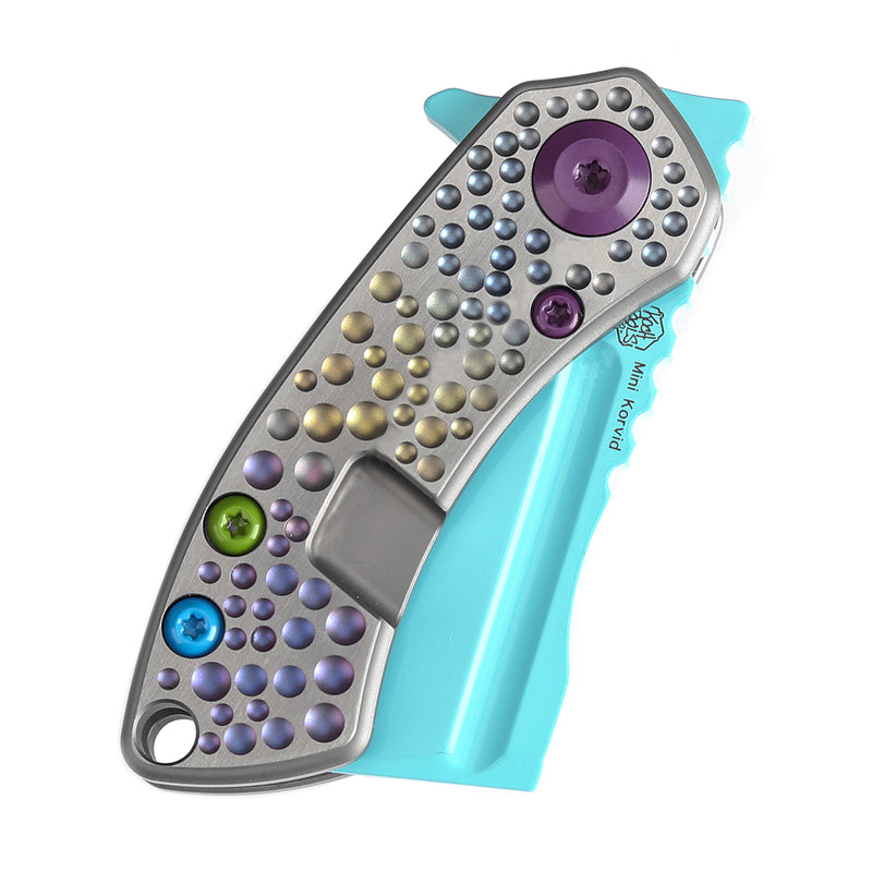 KANSEPT Mini Korvid Flipper knife Gradient Titanium Handle With Dimples Handle (1.45'' Light Blue Coating CPM S35VN Blade ) Koch Tools Design-K3030A10