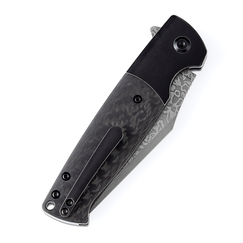Shikari SBL  Button Lock K2027D1 Damascus Blade Black Stonewashed Titanium +Twill Carbon Fiber Handle with Morgan Koens Dessign