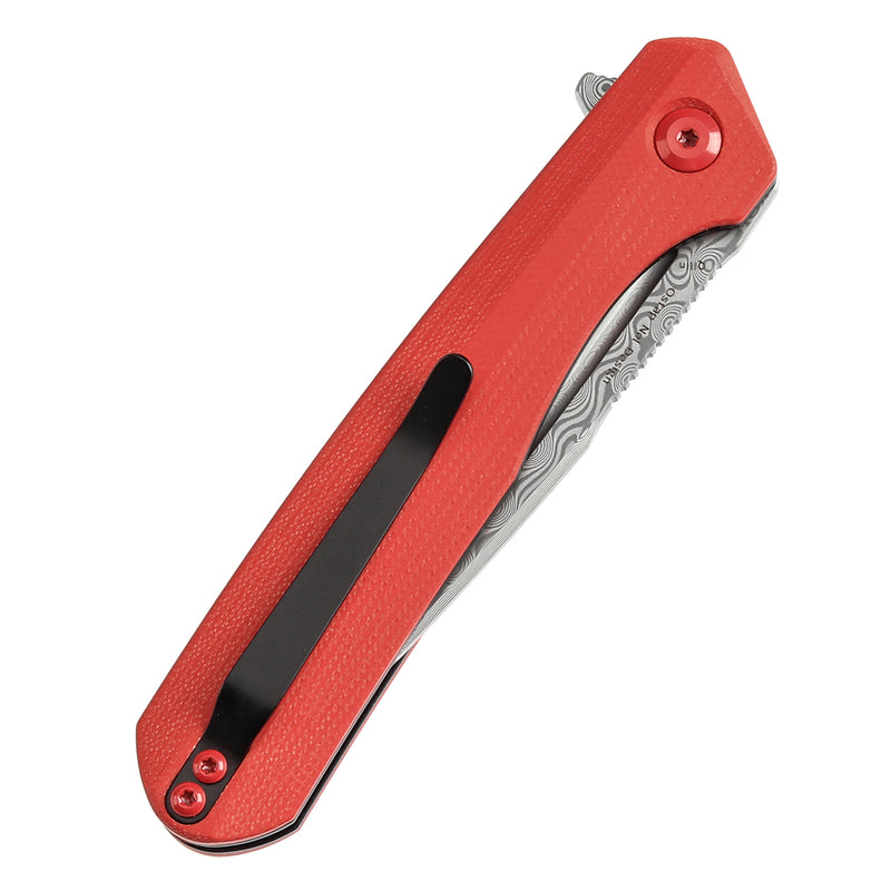 KANSEPT Qilin Flipper Red G10 Handle (3.43''Damascus Blade)Ostap Hel Design -K1047A1