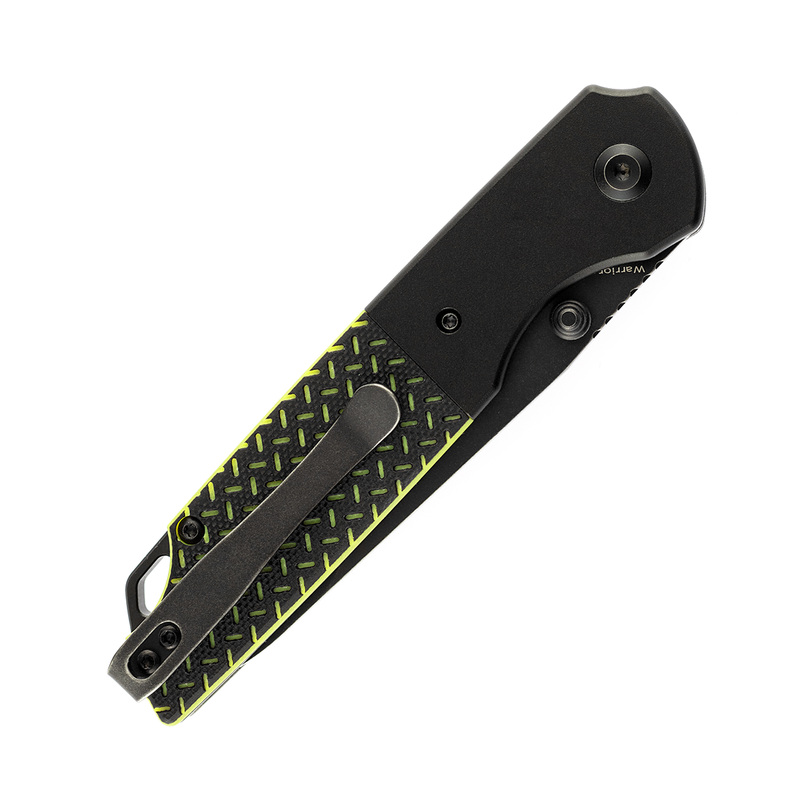 KANSEPT Warrior T1005S2 Black TiCn Coated and Stonewashed Drop Point D2 Blade Black Anodized Aluminum Bolster + Black and Green G10 Handle with Kim Ning Design