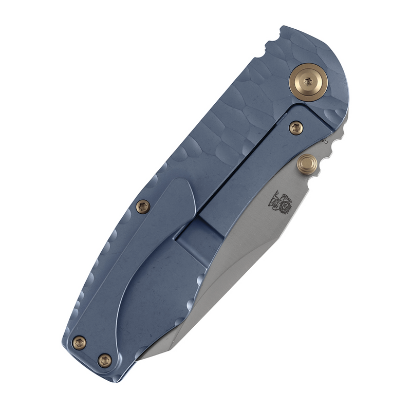 Kansept Caveman | Frame Lock | Blue Anodized and Stonewashed Titanium with CNC-machined Rock Pattern | 3.57" CPM 20CV Blade |  Jesse Pauley Designed | K1110A5