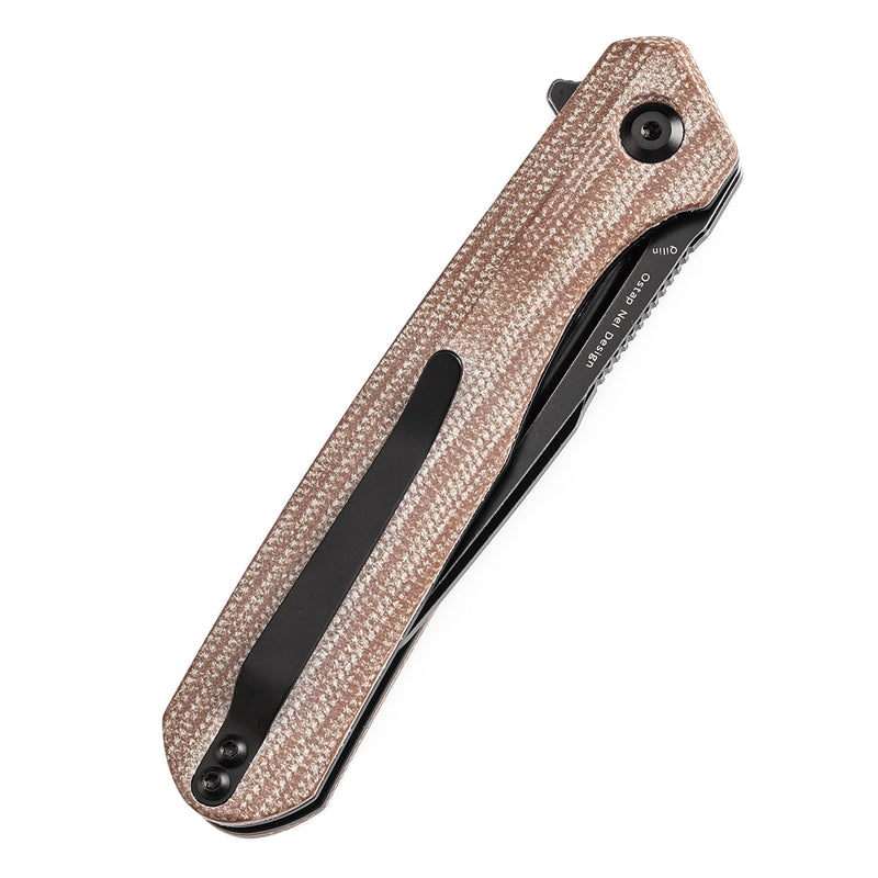 KANSEPT Qilin FlipperBrown Micarta Handle (3.43''Blackwash 154CM Blade) Ostap Hel Design -T1047A3
