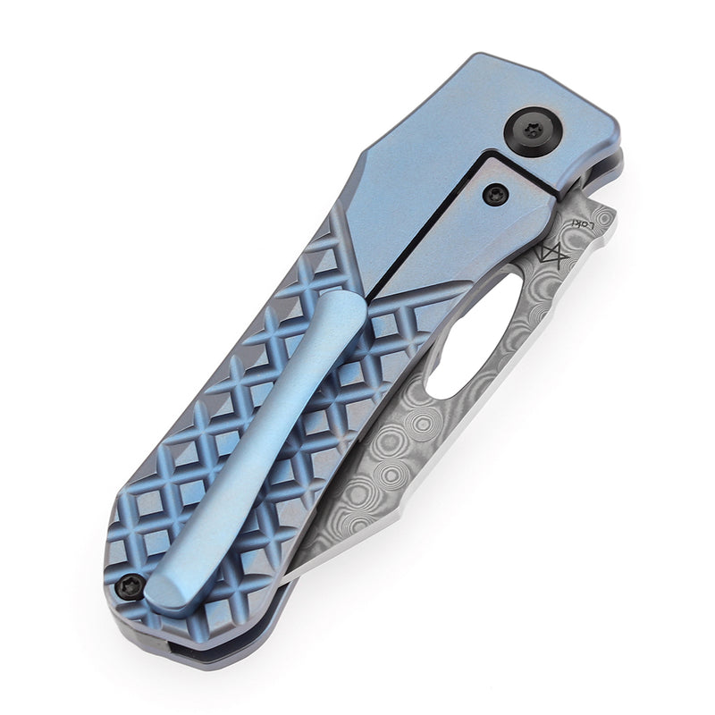 KANSEPT Loki Thumb Hole Knife Blue Anodized Titanium with Frag Pattern Handle (2.99''Damascus Blade)Steven Dunnuck Design-K1058B7