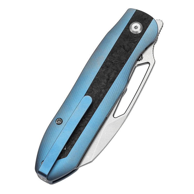 KANSEPT Thunderhead Thumb Hole Blue Titanium with Shred Carbon Fiber Inlay Handle (3.58" CPM S35VN Blade) with K.C. Spiron Design-K1106A3